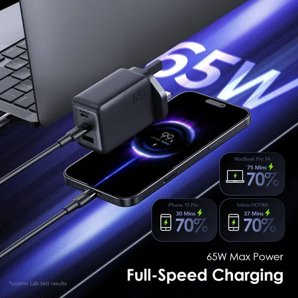 oraimo hypergan 65 65w gan laptop phone charger